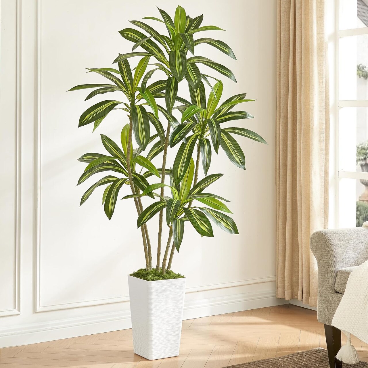6FT Artificial Dracaena Silk Tree with White Planter - Real Touch Fake Plant for Home & Office Decor, Faux Yucca Indoor Floor Tree